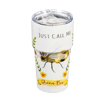 Double Wall Ceramic Companion Cup with Tritan Lid, 13 OZ, Queen Bee