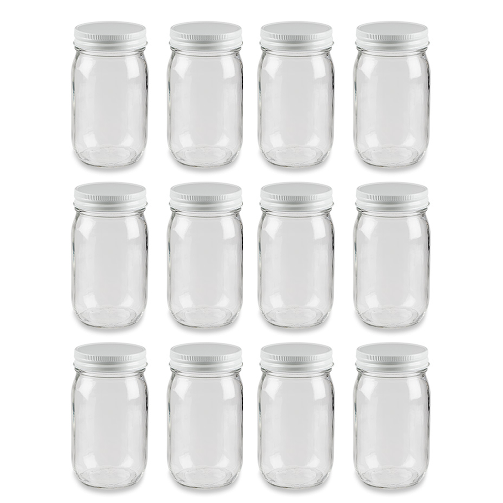 Flint Glass Honey Jar Lids Included | 16 oz Jars with Lids - 12 Count Case