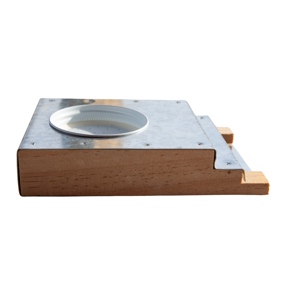 Wooden Boardman entrance bee feeder, side view