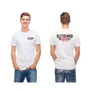 A man wearing a white T-shirt with Bly The Wood Bee Company's logo showcasing it from front and back