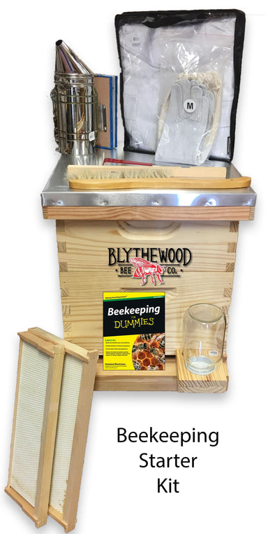 10 Frame Beginner Beekeeping Starter Kit — fully assembled Langstroth hive with frames, tools, jacket, and gloves