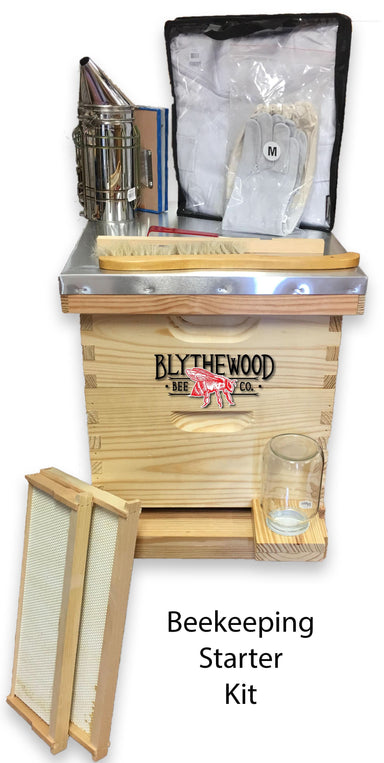 8 Frame Beginner Beekeeping Starter Kit — fully assembled Langstroth hive with frames, tools, jacket, and gloves