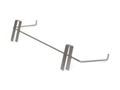 Stainless steel beehive frame holder hooked over a hive wall holding three frames