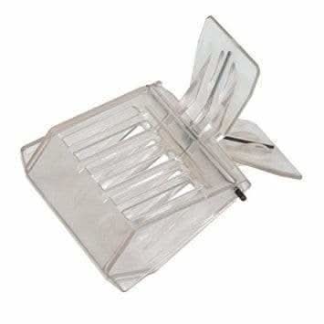 Plastic queen clip holding a queen on the comb