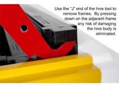 Red-handle J-hook hive tool hooked lifting end