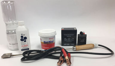 Varroa mite treatment kit contents: vaporizer, battery, oxalic acid, mite wash